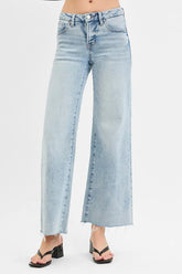 Tummy Control Low Rise Wide Leg Raw Cut Hem Jeans With Plus Size Risen